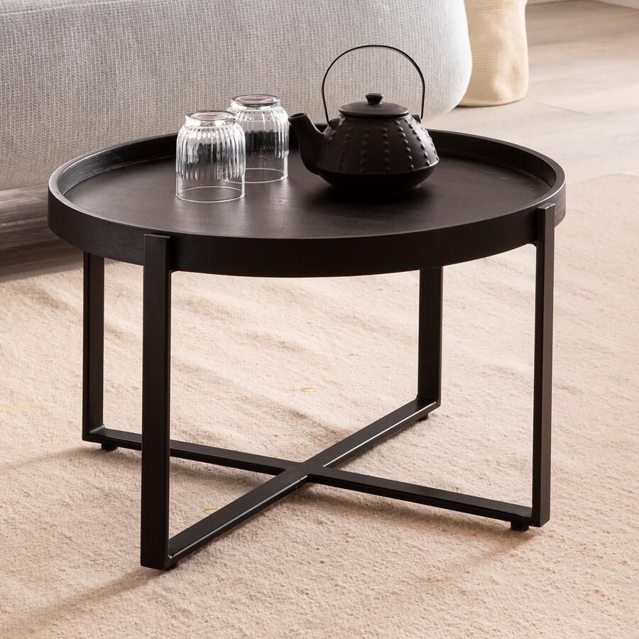 Industrieelinhuis.nl Salontafel 60x60x35 cm Mango Massief Hout Metaal Zwart Salontafel Rond Design woonkamertafel met opstaande rand IndustriÃle salontafel woonkamer modern