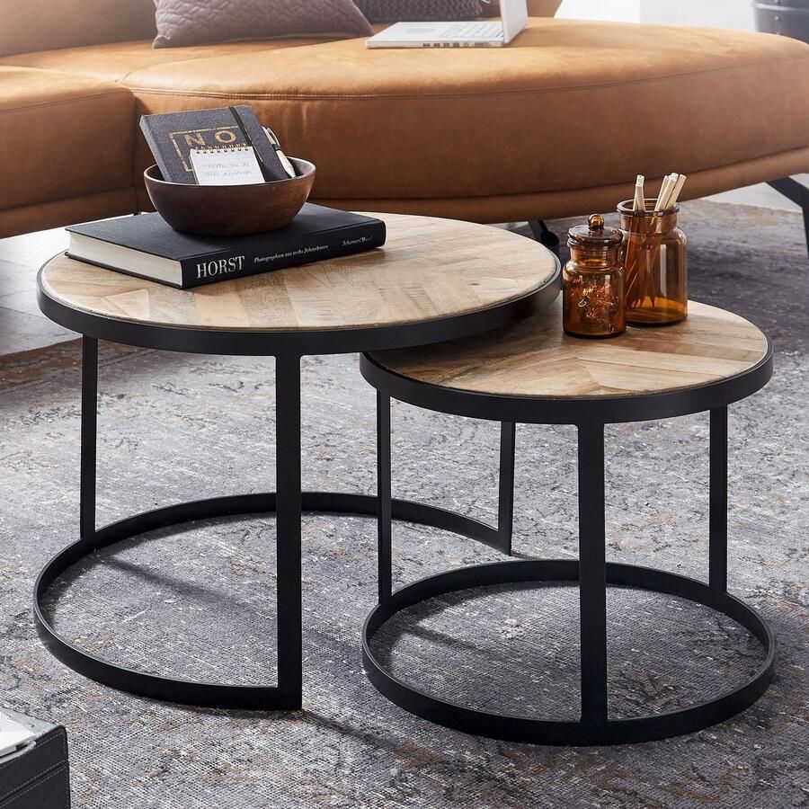Industrieelinhuis.nl Salontafel set van 2 Mangohout Zwart onderstel Ø 60 44 cm