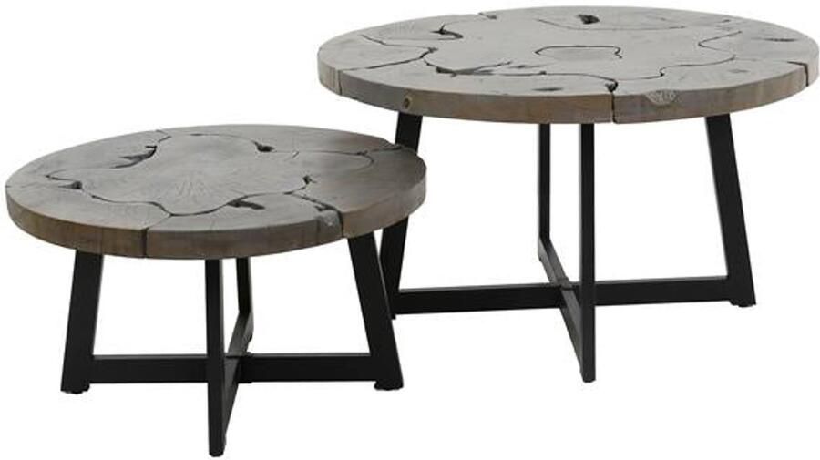 Industrieelinhuis.nl Salontafelset Rond set van 2 Mangohout Grijs Bijzettafels Set van 2 Salontafel Zwart Rond Bijzettafeltjes Woonkamer Salon Tafel Mangohout Rond Salontafel industrieel Landelijk Tafeltje Set 2 stuks Grijs