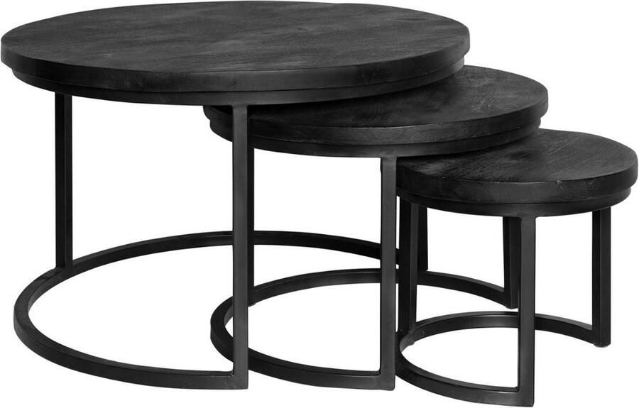 Industrieelinhuis.nl Salontafelset Rond set van 3 Mangohout Zwart Bijzettafels Set van 3 Salontafel Zwart Rond Bijzettafeltjes Woonkamer Salon Tafel Mangohout Rond Salontafel industrieel Landelijk Tafeltje Set 3 stuks Zwart