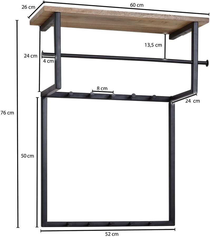 Industrieelinhuis.nl Wandkapstok hout metaal 60 cm kledingkast met plank hal haakstang - Foto 2