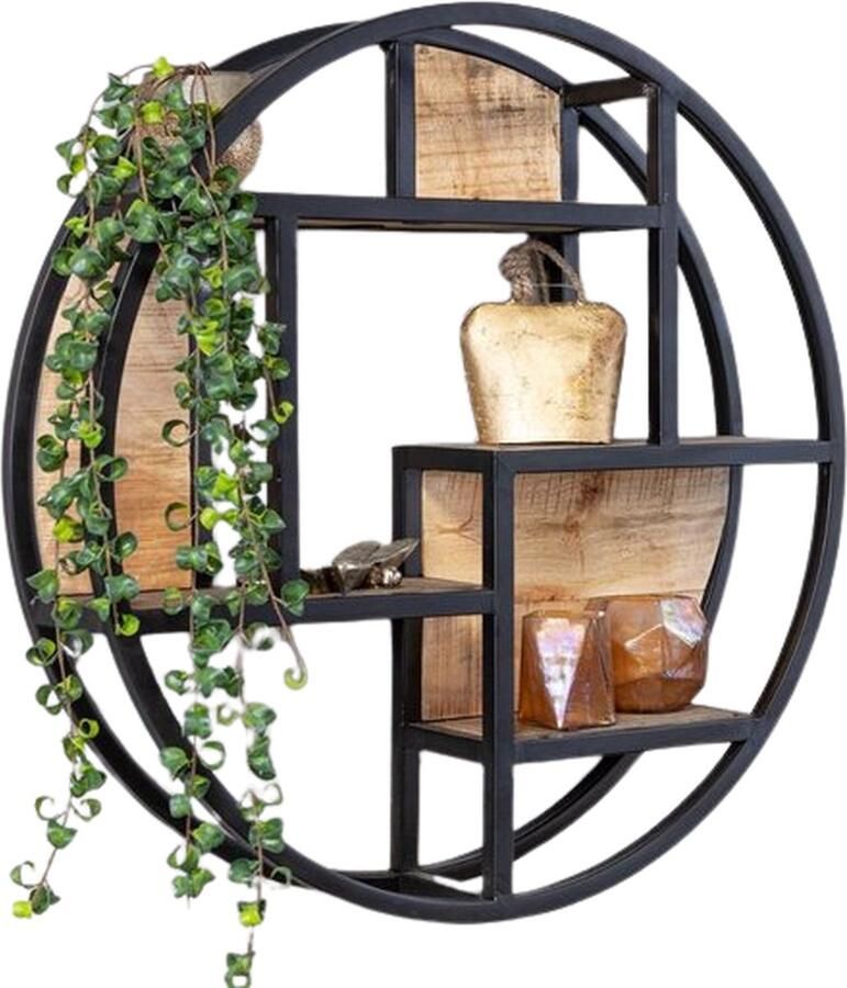 Industrieelinhuis.nl Wandrek Rond Wandrek Industrieel Hout Wandplank zwevend Fotoplank Wandkast Wandrek Metaal Zwart Keuken Hal Woonkamer Wandrek Hangend Ø 75 cm Industrieel Wandrek Rond Mangohout Staal