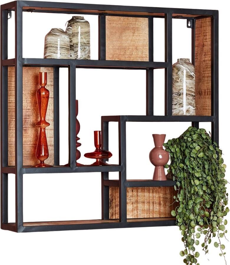 Industrieelinhuis.nl Wandrek Industrieel Vierkant Zwart Metaal Wandrek Industrieel Hout Wandplank zwevend Fotoplank Wandkast Keuken Hal Woonkamer Wandrek Hangend 75 cm Industrieel Wandrek Mangohout Staal