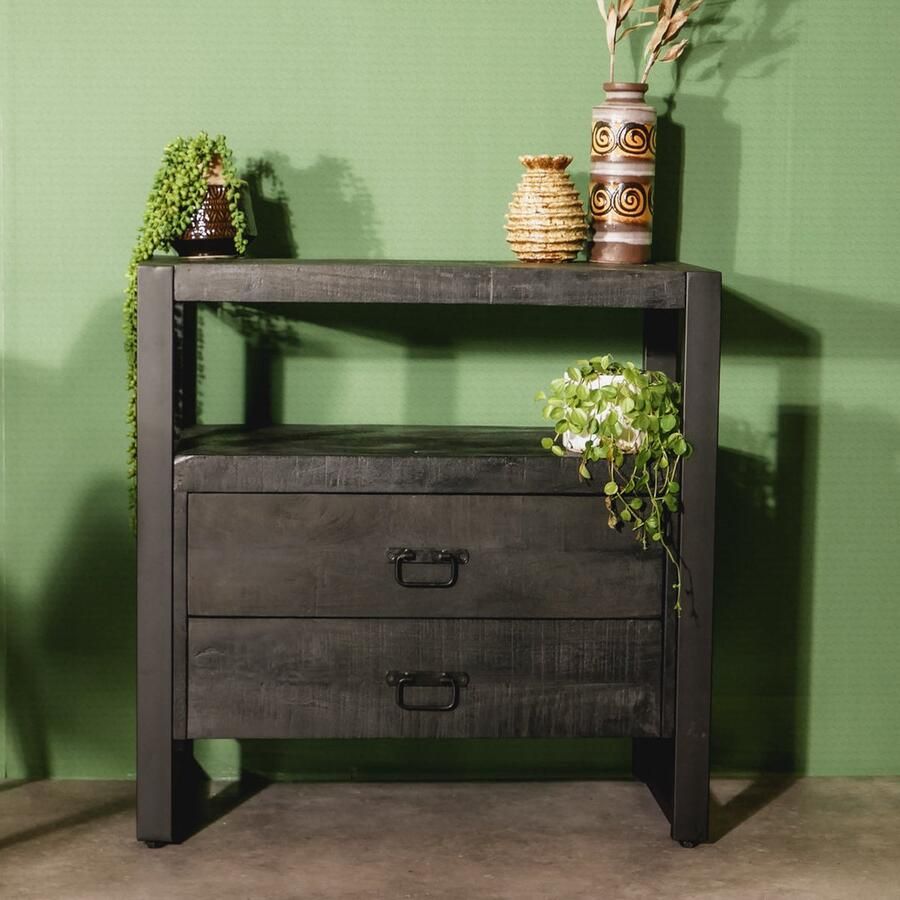Industrieelinhuis.nl Sidetable Dressoir Kastje 2 lades Industrieel Design Zwart Mangohout en Staal 80x40x80cm - Foto 2