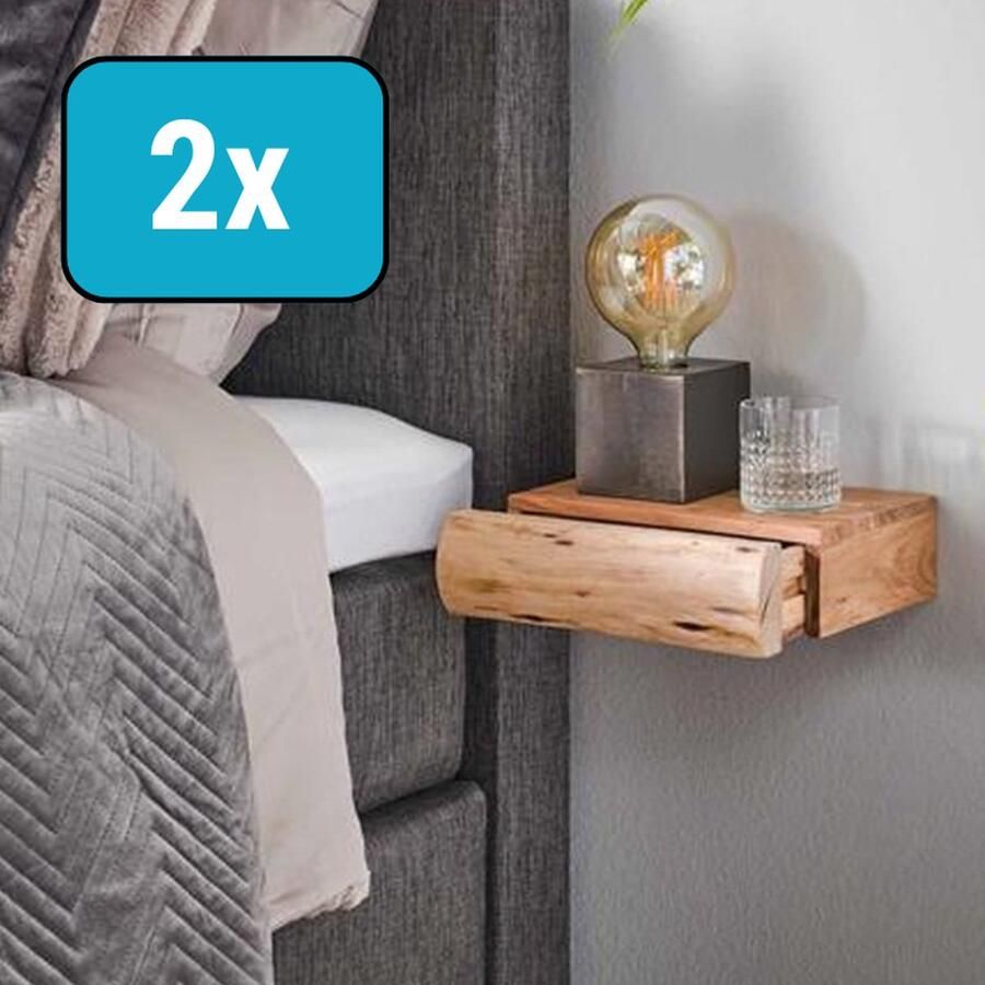 Industrieelinhuis.nl Zwevend Nachtkastje Industrieel (2 stuks) Nachtkastjes Industrieel Landelijk Hout Bijzettafel Slaapkamer Decoratie Modern Hangend Nachtkastje met lade Boomstam set van 2 - Foto 2