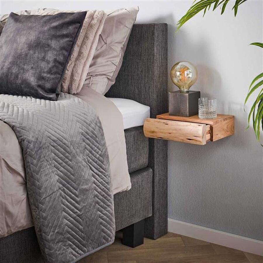 Industrieelinhuis.nl Zwevend Nachtkastje Industrieel (2 stuks) Nachtkastjes Industrieel Landelijk Hout Bijzettafel Slaapkamer Decoratie Modern Hangend Nachtkastje met lade Boomstam set van 2