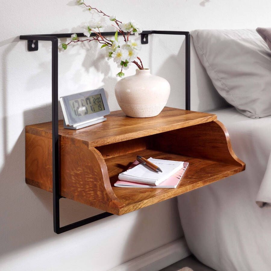 Industrieelinhuis.nl Nachtkastje voor wandmontage 44x45x35 cm nachtkastje massief mangohout Nachtkastje met plank Zwevende wandplank voor boxspringbed Wandconsole hangend nachtkastje