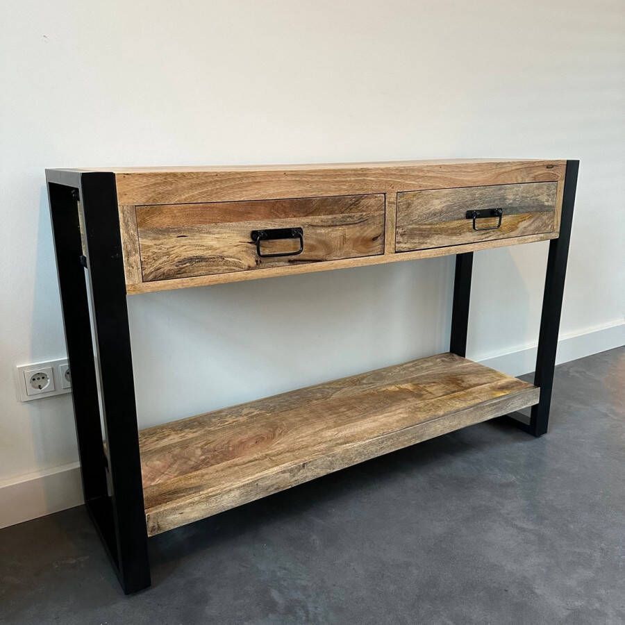 Industrieelinhuis.nl Sidetable Industrieel (120 x 35 x 76 cm) Sidetable met Lade Hout Side Table met Lades Hout & Zwart Metaal Haltafel met Lades Halmeubel Boomstam Luxe Sidetabel Mangohout en Staal 120 x 35 x 76 cm Installatie 20 min