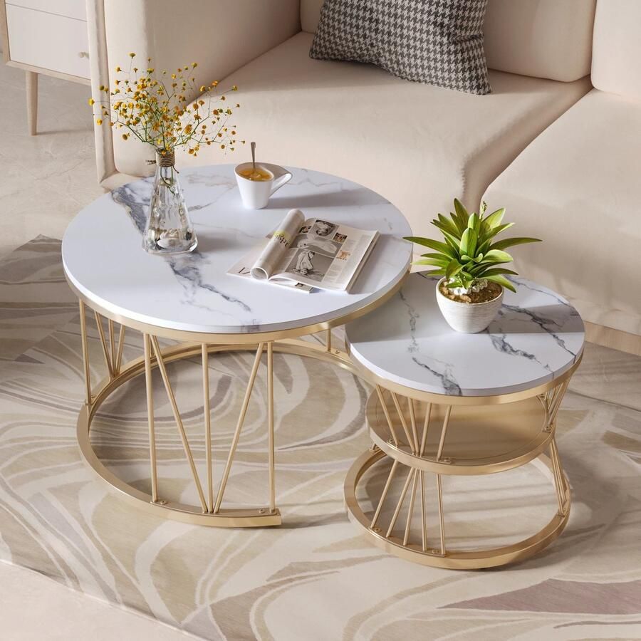 Informatie komt later Amalee Set van 2 Salontafels Rond Marmerlook gouden metalen poten B70 x L60 x H44.5 cm B45 x L40 x H40 cm