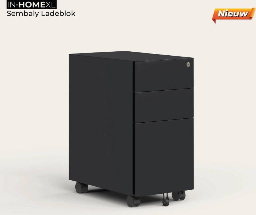 IN.HOMEXL Sembaly Ladeblok Zwart Ladeblok Bureau Met Slot 3 Lades- 60 x 46 x 30