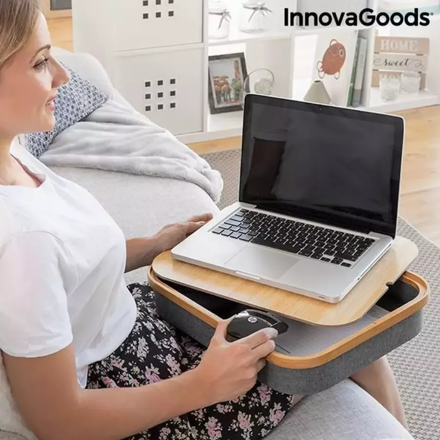 Innovagoods Draagbare Multifunctionele laptoptafel Bijzettafel met opbergbak Linnen kussen Bed of Bank Grijs en Houtkleur