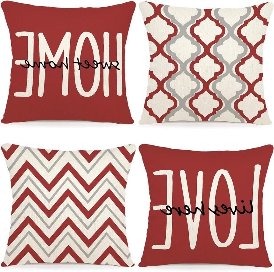 Innovra Inovra Set van 4 sierkussenhoesjes 50x50cm Rode linnen kussenhoesjes met geometrisch patroon voor op de bank of in de slaapkamer