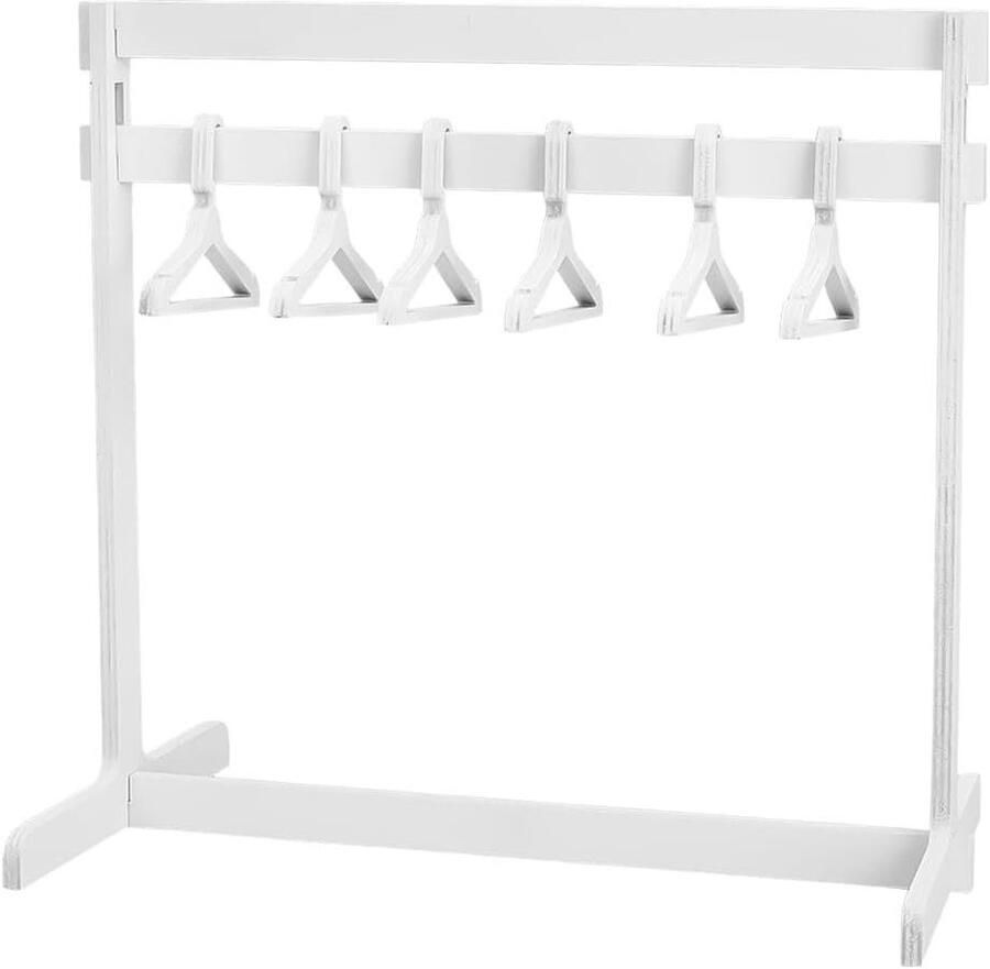 Inovra 30 cm poppenkledingstandaard met 15 kledinghangers Houten poppenkledingstandaard Mini kledingrek voor poppenhuis Wit met accessoires voor katten en puppy's
