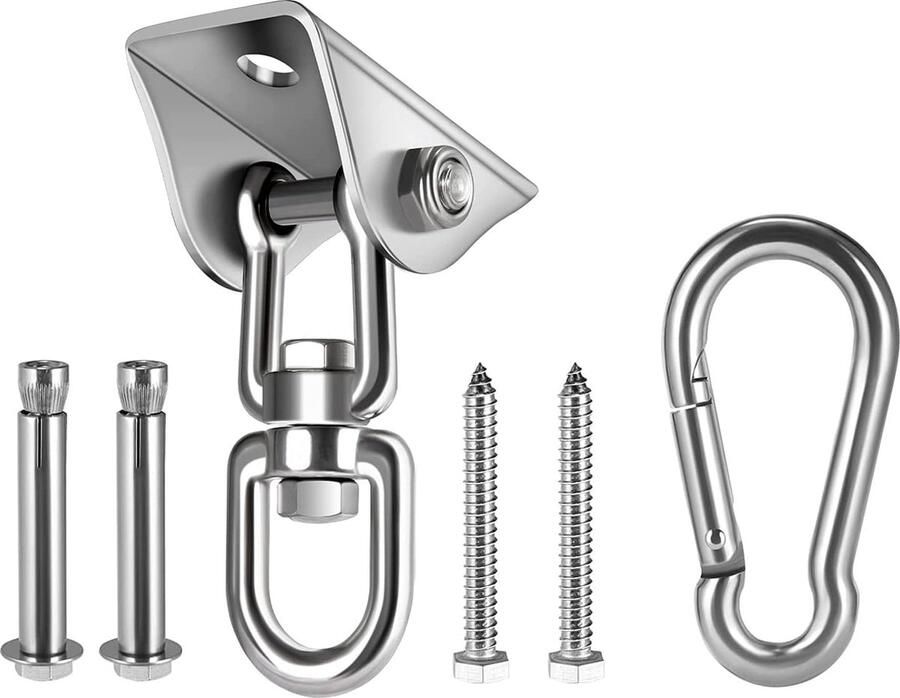 Inovra 360° draaibare plafondhaak 304 roestvrij staal 450 kg capaciteit met M8 karabijnhaak schommelhaak voor hangstoel betonhout yoga hangmat stoel zandzak muurhaak sportschool