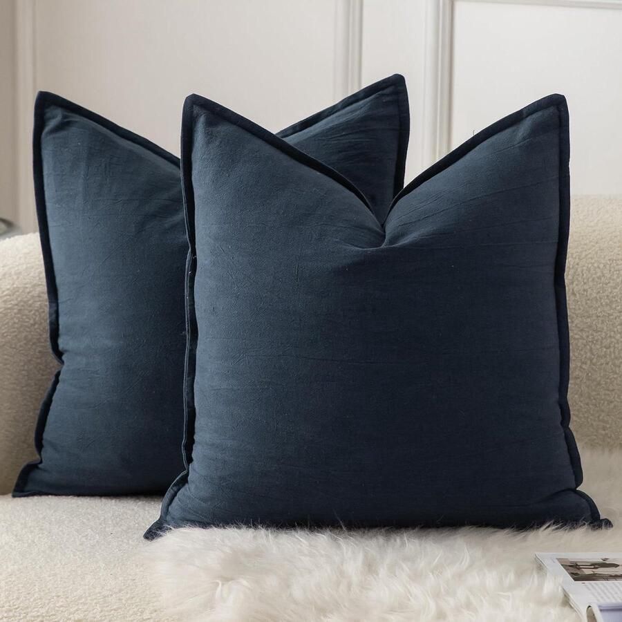 Inovra 65 x 65 cm Katoenen Kussenslopen in Neutraal Design Set van 2 Navy Blue Decoratieve Sierkussenhoezen voor Bank Woonkamer en Slaapkamer Boho Farmhouse Home Decor