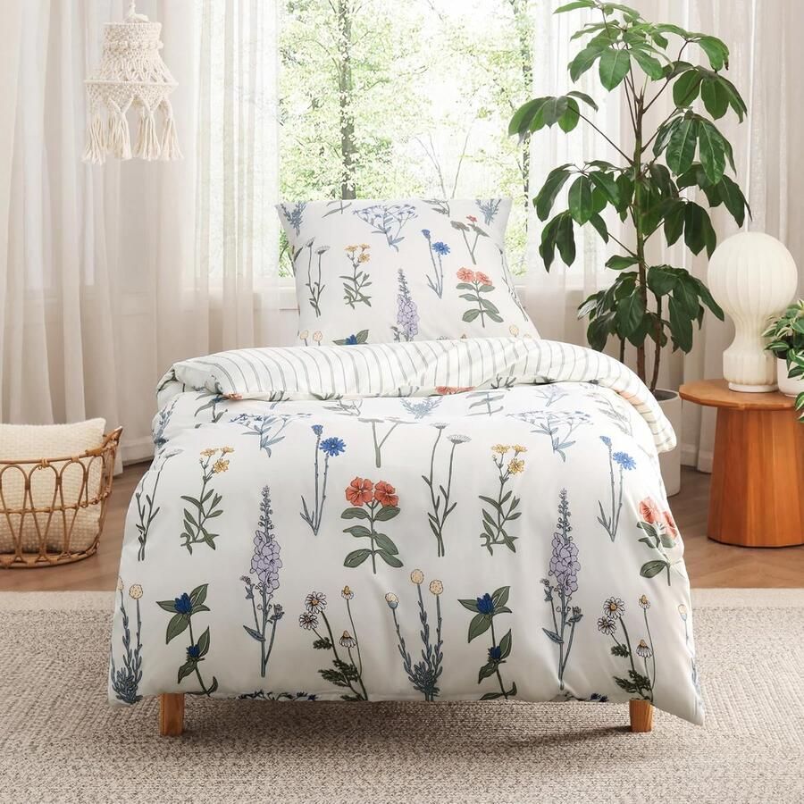 Inovra Beddengoed 135 x 200 cm 2-delig dekbedovertrek Beddengoedsets 135 x 200 cm met kussensloop 80 x 80 cm Oeko-Tex Wit Beddengoedset Patroon Kleurrijke Bloemen Gestreept voor Eenpersoonsbed met Ritssluiting