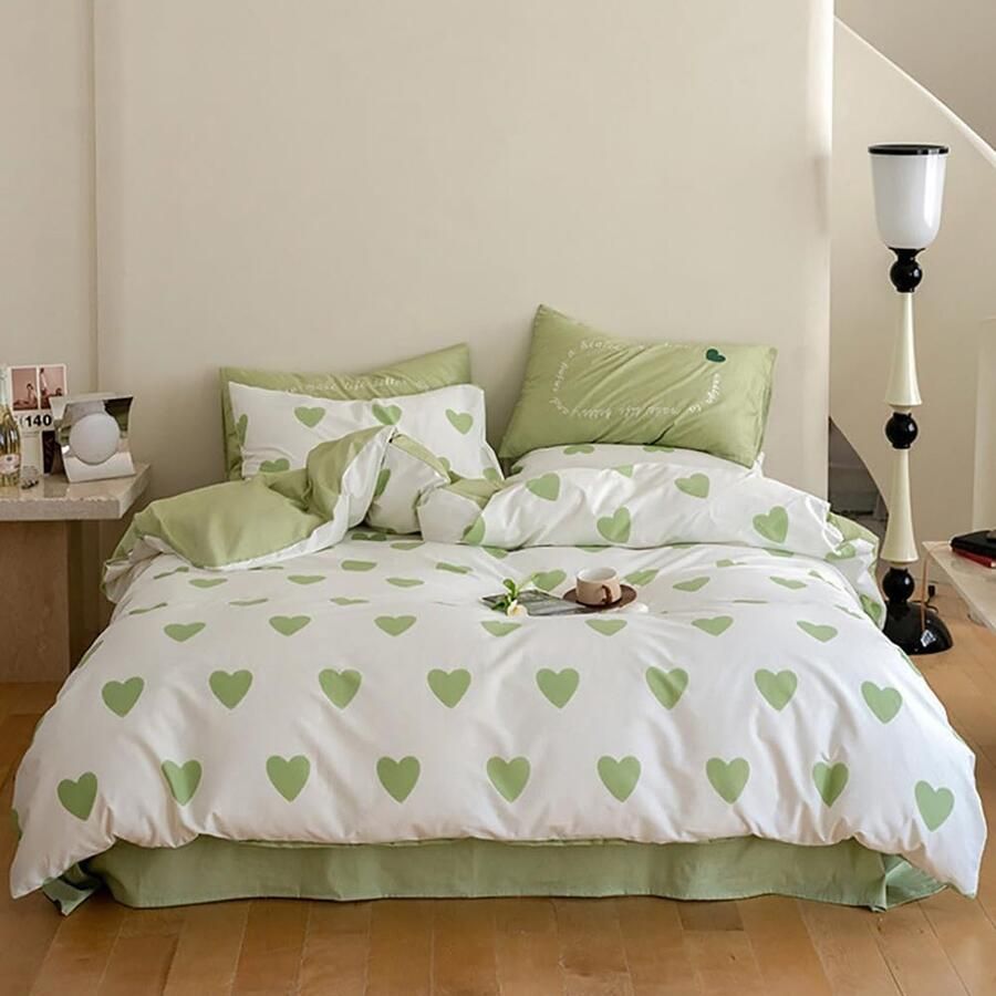 Inovra Beddengoed Set met Groene Hartjes en Ritssluiting voor Tweepersoonsbed