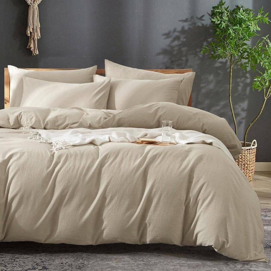 Inovra Beddengoedset van Katoen en Linnen in Effen Beige en Khaki voor Eenpersoonsbed