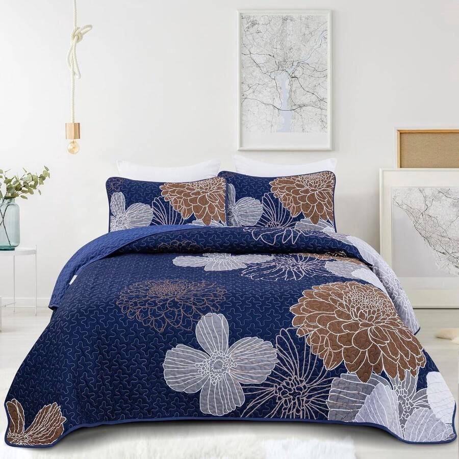 Inovra Beddensprei met Bloemenpatroon in Marineblauw en Bruin voor Tweepersoonsbed inclusief Kussenslopen