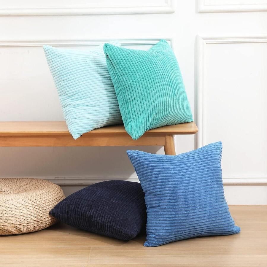 Inovra Blauwe decoratieve kussenhoezen 45 x 45 cm set van 4 moderne minimalistische effen ontwerp mix en match funky corduroy kussensloop voor thuisdecoratie bank slaapkamer woonkamer