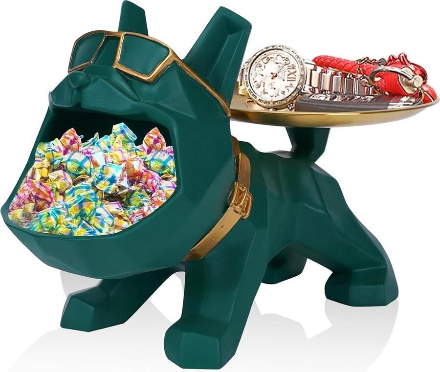 Inovra Bulldog Decoratie Bulldog Figuren Beeld Honden Sculpturen met Dienblad Hars Moderne Sculptuur Decoratie voor Woonkamer Kantoor Gang Bureau (Groen)