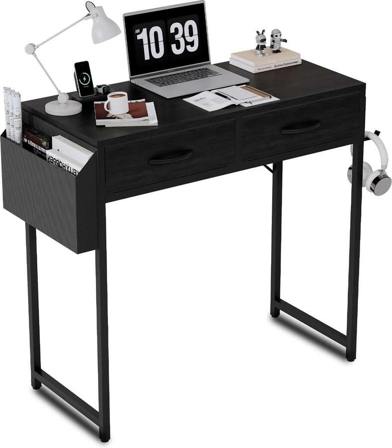 Inovra Compacte Computerbureau met Opbergladen en Hooftelefoonhaak voor Kleine Ruimtes in Stijlvol Zwart