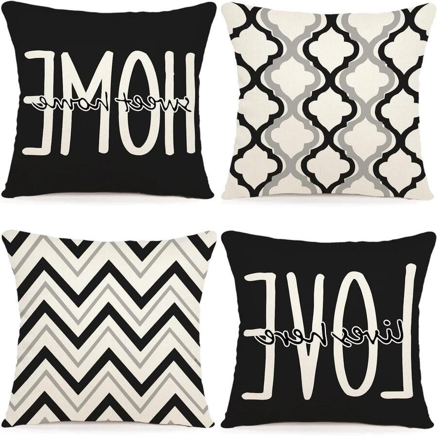 Inovra Decoratieve Kussenhoes 45x45 Geometrisch Patroon Set van 4 Linnen Zwarte Sierkussensloop voor Bank Slaapkamer en Buiten