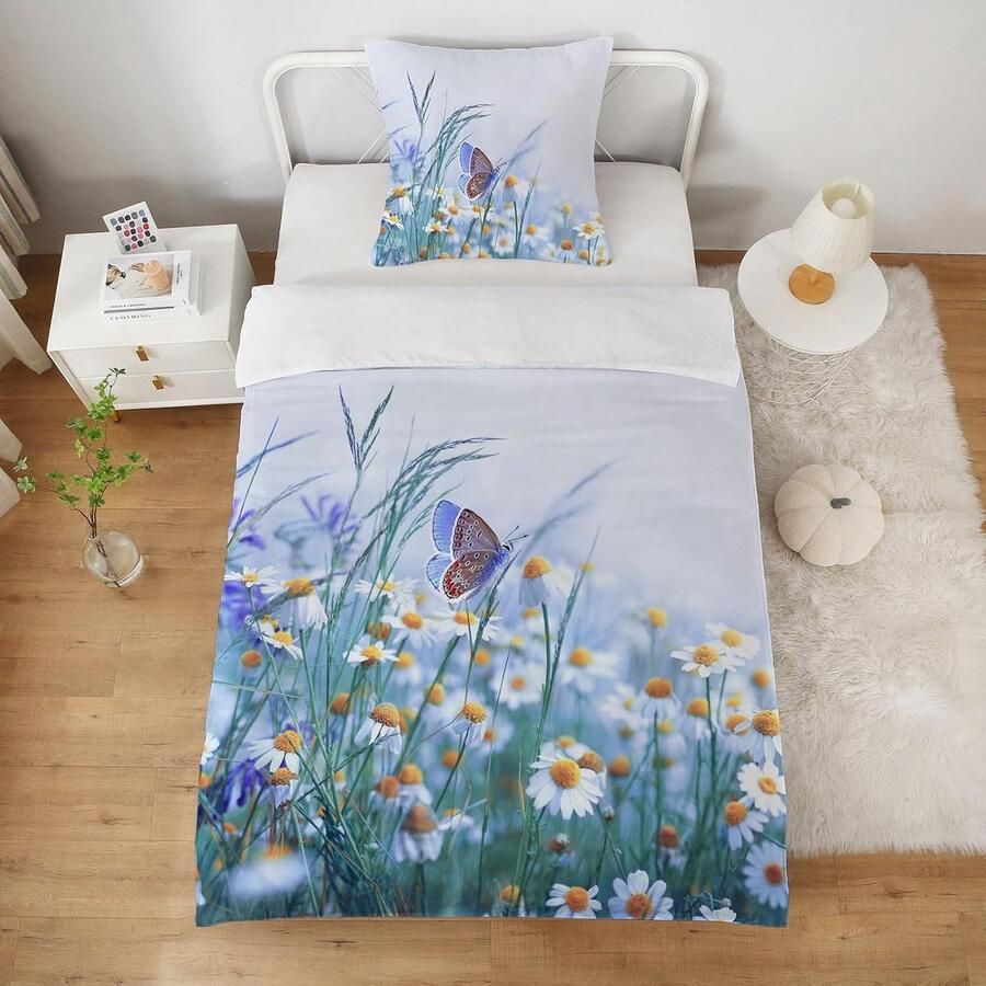 Inovra Dekbedovertrek 140 x 200 cm Butterfly Flowers Girl met kussensloop 65 x 65 cm Eenpersoonsbed Microvezel Volwassene 3D Geprint Cadeau voor Feest