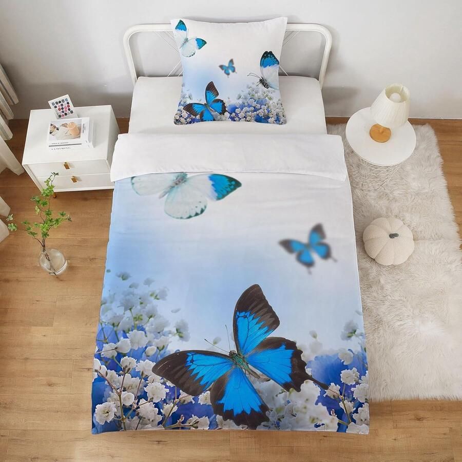 Inovra Dekbedovertrek 140 x 200 cm vlinderbloemen meisjes met kussensloop 65 x 65 cm eenpersoonsbed linnen microvezel volwassenen 3D-geprint cadeau voor feest en