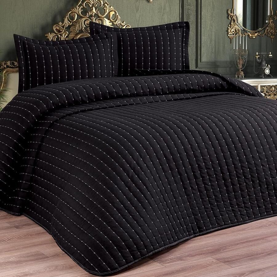 Inovra Deluxe Katoenen Bedsprei Set voor Tweepersoonsbed 250 x 260 cm Zwart