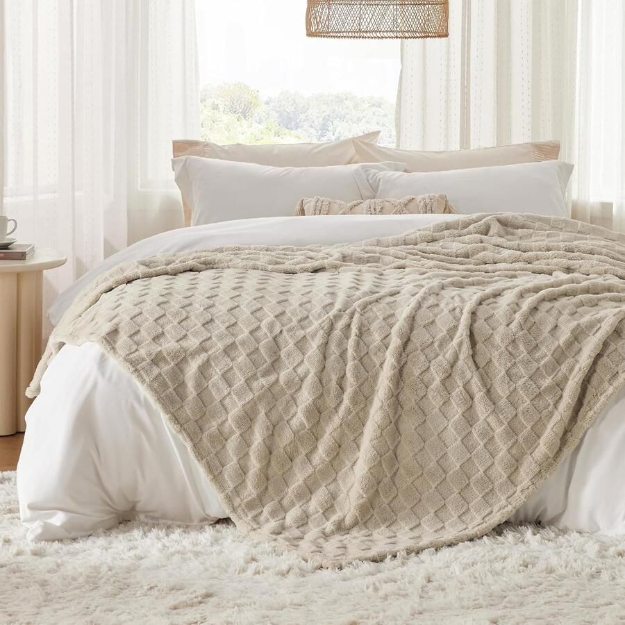 Inovra Extra Grote Zachte Fleece Deken met Geruit Patroon voor Bed en Bank Beige 240 x 220 cm