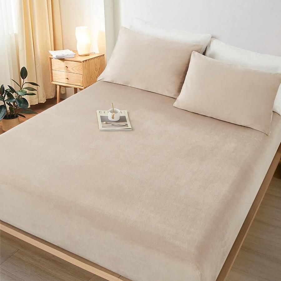 Inovra Flanellen hoeslaken 90 x 200 cm tot 25-35 cm basishoogte boxspring bed topper zachte warme fluwelen boxspring bed hoeslaken Touch Oatmeal Beige