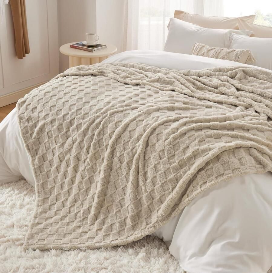 Inovra Fluweelzachte XXL Fleece Deken met Geruit Patroon voor Bed Beige 270 x 230 cm