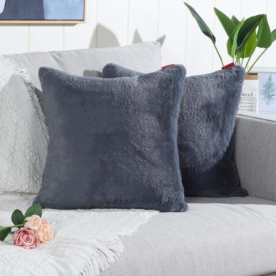 Inovra Grijze kussenhoezen van imitatiebont Zacht en pluizig Decoratieve sierkussens voor bank slaapkamer auto Set van 2 45 x 45 cm