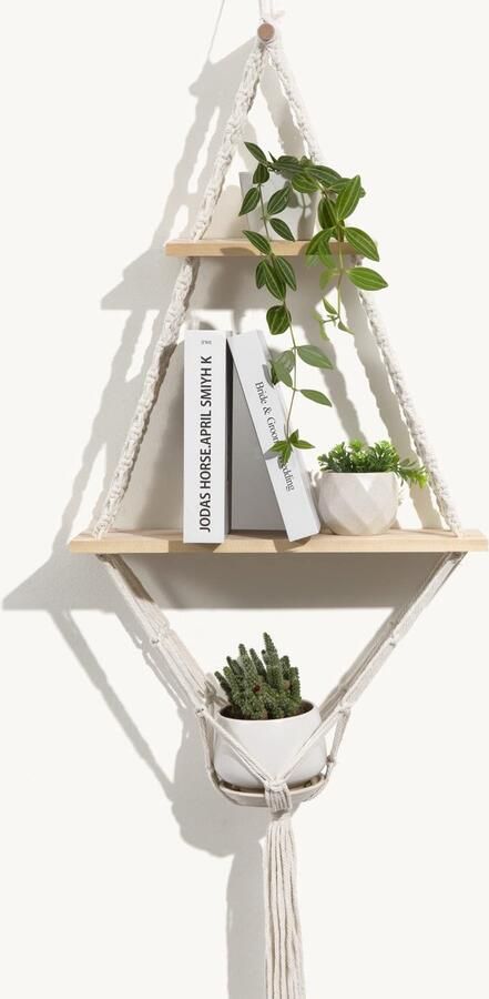 Inovra Handgemaakte Boheemse Wandplank van Natuurlijk Grenenhout met Macramé Ontwerp