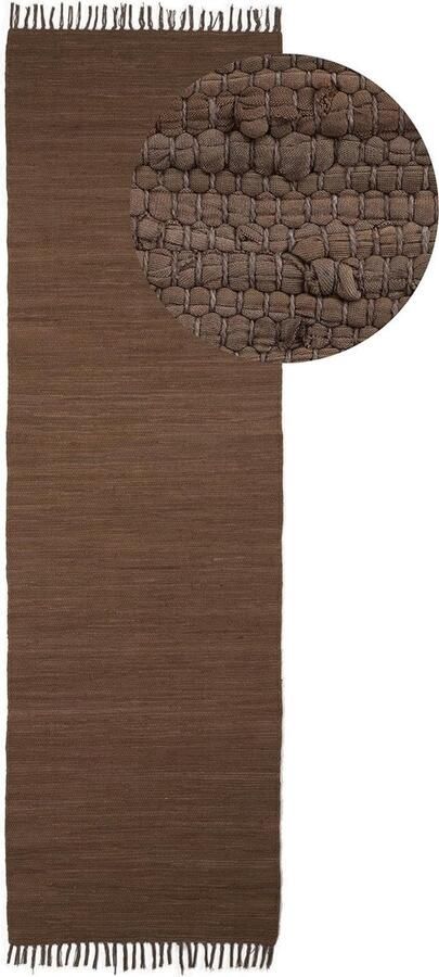 Inovra Handgeweven Katoenen Vloerkleed Met Franje Boho Stijl Bruin 60 x 180 cm