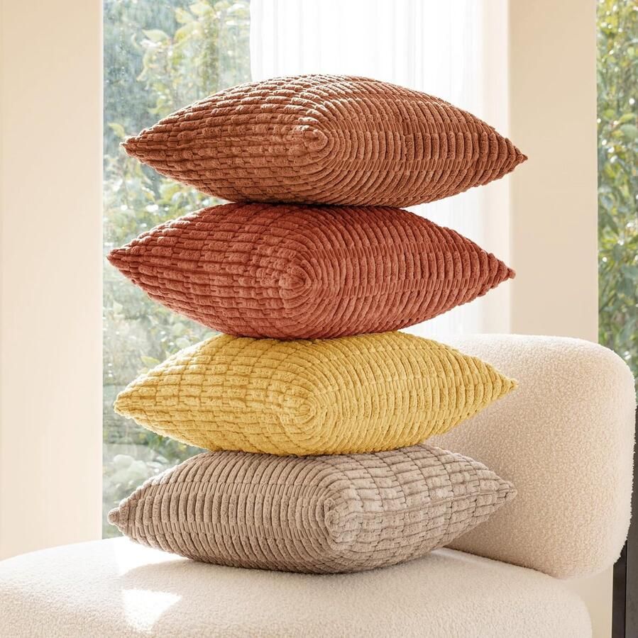 Inovra Herfstkussenhoes 40 x 40 cm Oranje Geel Koord Set van 4 Kussenhoezen Kussenhoes Bankkussen Decoratief Kussen Bankkussen Decoratie voor Bank Woonkamer Fluffy Kussenhoes