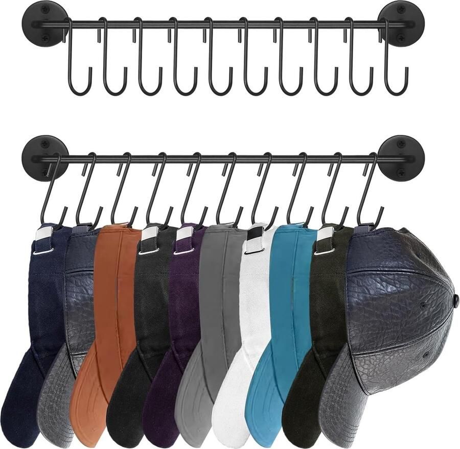 Inovra Hoedenrek voor aan de muur Baseballpetorganizer Hanger met 20 haken Moderne metalen hoedenhouder Aan de muur bevestigde pettendisplay voor kastdeur Slaapkamer Voorkamer Wasruimte set van 2