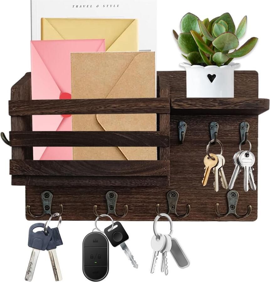 Inovra Houten Wandorganizer met Haakjes en Opbergrek voor Sleutels en Post