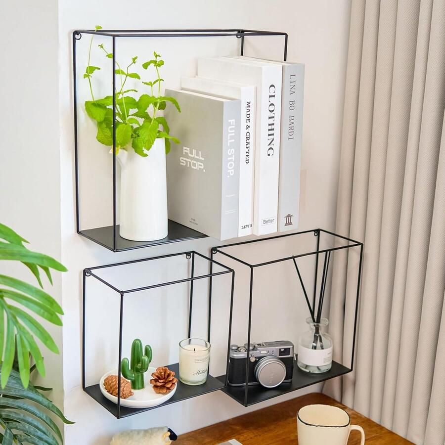 Inovra Industrieel Wandplankenset Metaal Zwart Drie Delig voor Woonkamer Badkamer Keuken Studiekamer en Slaapkamer