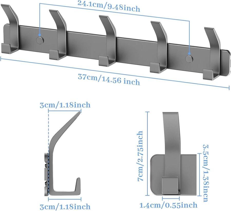 Inovra Kapstokhaak Wandkapstok Roestvrije kapstokhaak Wandhaak met 5 Haken Wandkapstok Kapstokrail Jashouder voor Keuken Badkamer en Slaapkamer Grijs