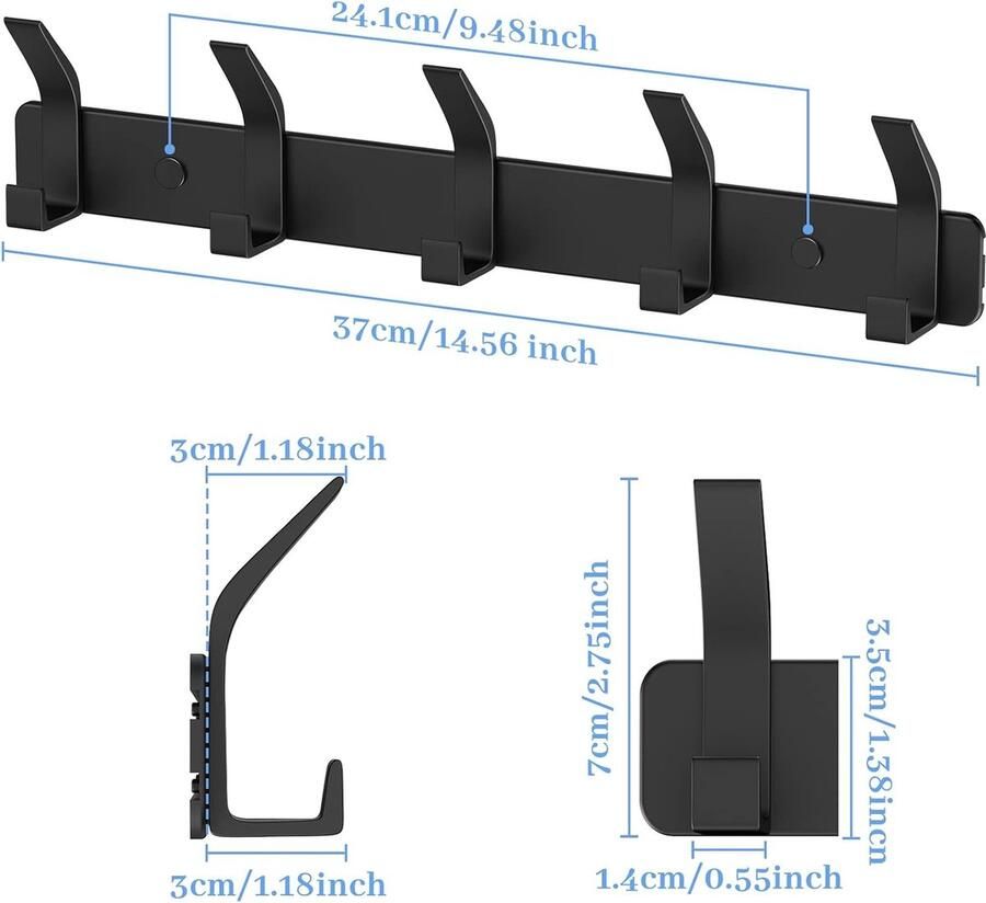 Inovra Kapstokhaak Wandkapstok Roestvrije kapstokhaak Wandhaak met 5 Haken Wandkapstok Kapstokrail Jashouder voor Keuken en Slaapkamer Zwart
