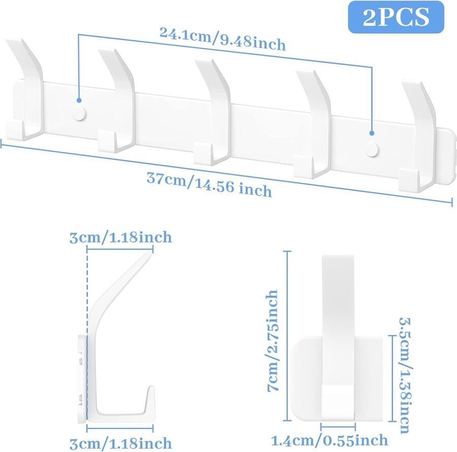 Inovra Kapstokhaken Wandkapstok Pak van 2 Hakenrek Garderobehaken Wandhaken met 5 Haken Wandkapstok Kapstokstang Jashouder voor Keuken Badkamer en Slaapkamer Wit
