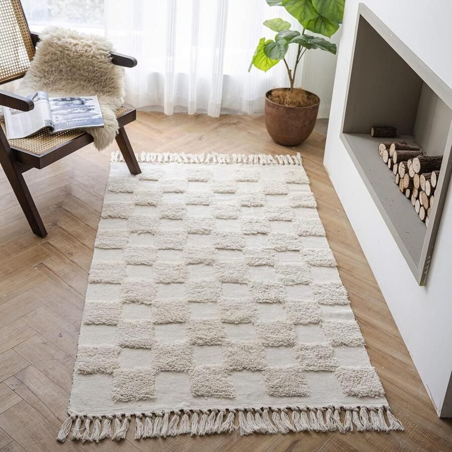 Inovra Katoenen tapijt Getuft katoenen tapijt Wasbaar retro tapijt Hal tapijt met kwastjes Marokkaanse Boho tapijten voor woonkamer Slaapkamer Entree deur (Beige dambord 60 x 130 cm)
