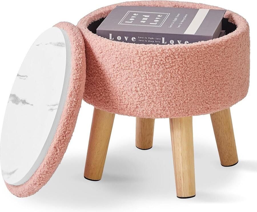 Inovra Kleine voetenbankje voetenbank met opbergruimte ronde poef voetensteun kruk met gevoerde zitting en deksel teddy fluweel mini-voetensteun voor woonkamer bank ingang roze