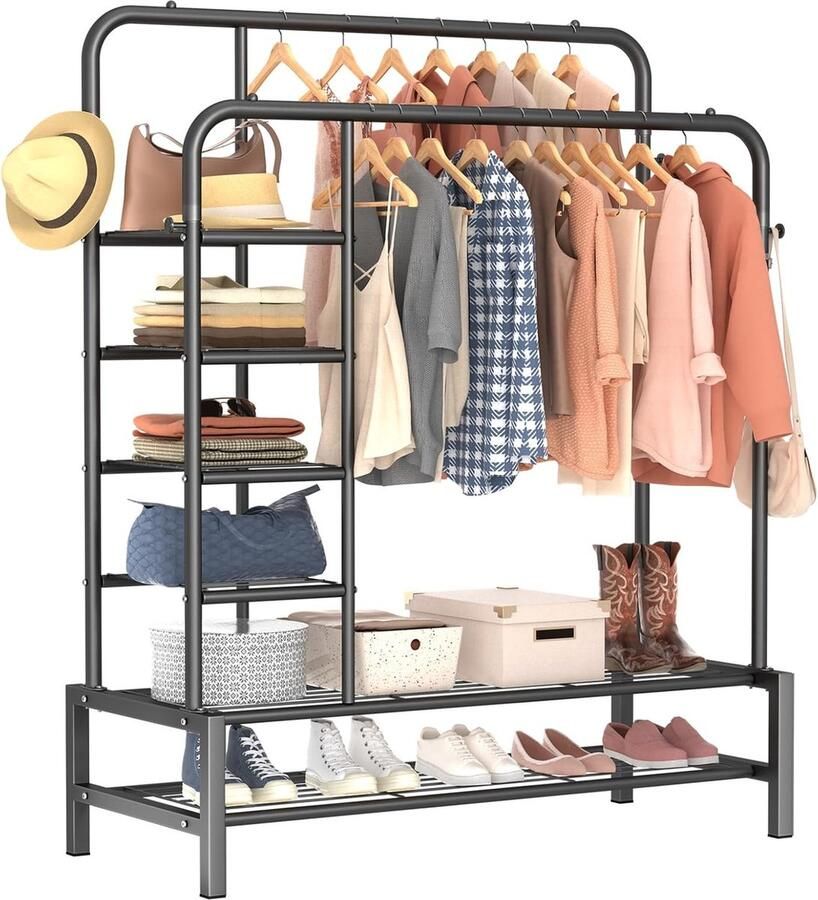 Inovra Metalen kledingrek Dubbele stang Kledingrail Multifunctioneel kledingrek met opbergvakken Geschikt voor thuisslaapkamer voor jassen tassen schoenen laarzen (zwart)