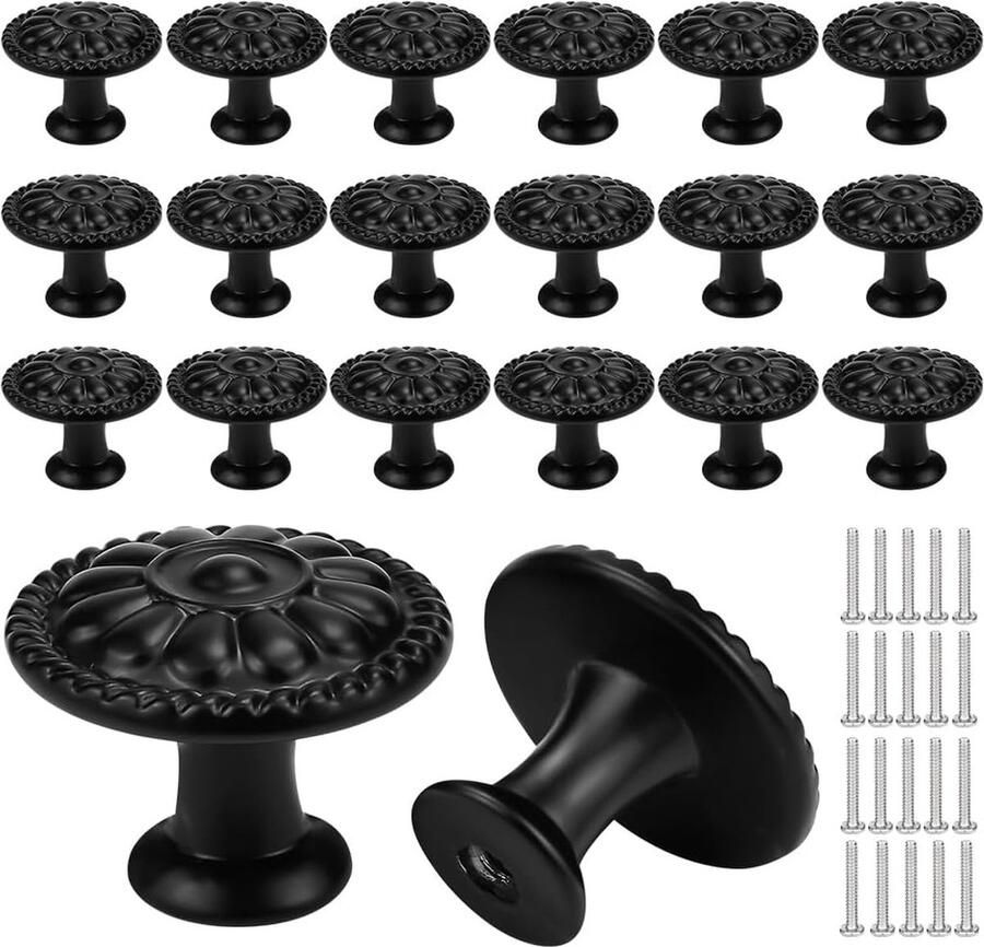 Inovra Pakket van 20 meubelknoppen matzwarte ladeknoppen kastknoppen vintage bloemen ladekastknoppen zwarte kastknoppen keukenknoppen vintage ronde kastknoppen voor meubels ladekast