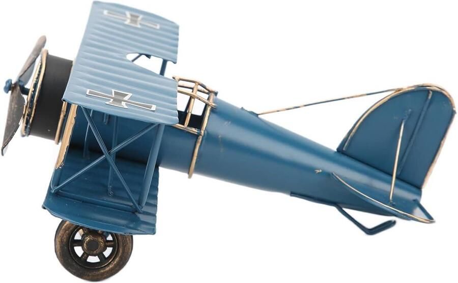 Inovra Plus Retro Vliegtuigmodel Vintage Metalen Tweedekker Handgemaakt Speelgoed en Huisdecoratie Blauw Voor Kinderen en Thuis Bureau Ornament