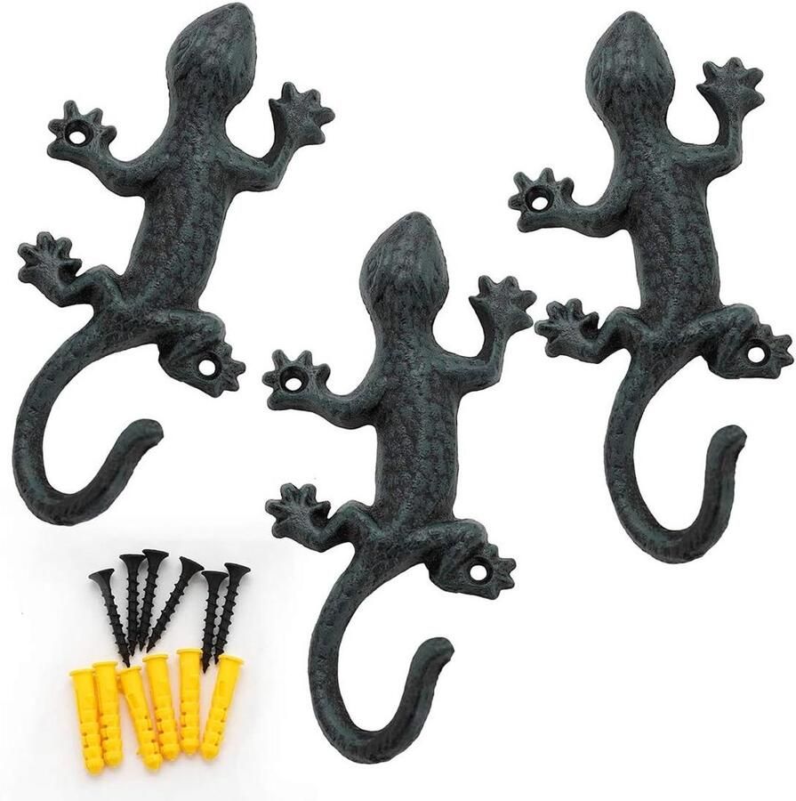 Inovra Retro metalen kapstokhaken Set van 3 wandhaken 17 cm lang Gecko design