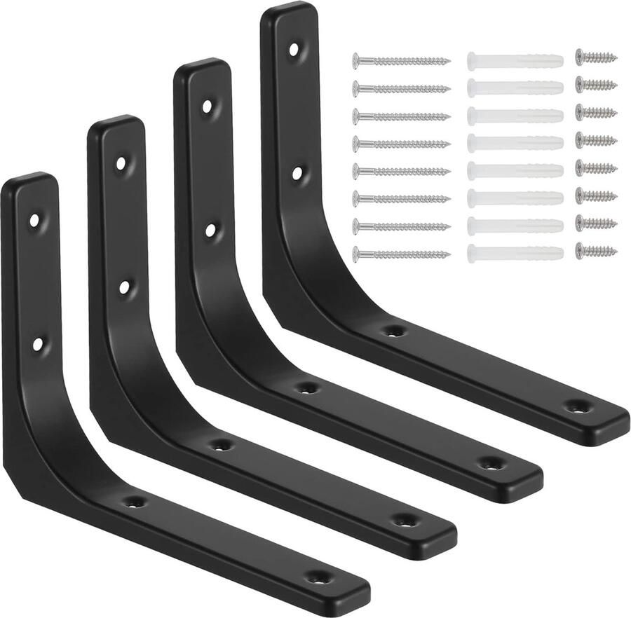 Inovra Robuuste Set van 4 Zwarte Industrieel Ontworpen Plankdragers voor Zware Belasting 8 Inch